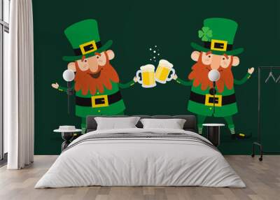 Saint Patrick's Day. Set of two funny Leprechauns with beer pints on green background. Wall mural