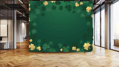 Saint Patricks Day. Green background with golden and green leaves of clover and place for writing. Vector illustration. Wall mural