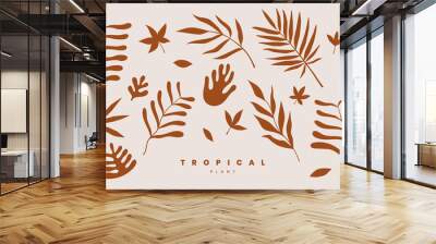 Set of exotic palm leaves of various shapes and sizes vector illustration on a light background. Tropical plants. Terracotta color plant collection in flat style. Elements for ecological design. Wall mural