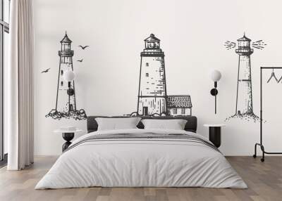 Set of vintage lighthouses in engraving style. Nautical lighthouse on an isolated background. Symbol of safety of navigation, tourism. Vintage vector illustration for postcard, book, textile design. Wall mural