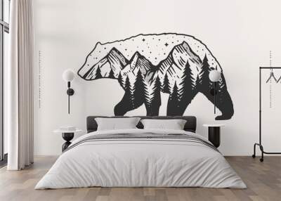 Silhouete image of a walking bear with a forest landscape on the body. Stars over dark forest and mountains. Wildlife and forest symbol on a light background. Vector illustra􀆟on for your design. Wall mural