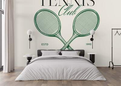 Tennis club logo template. Two crossed tennis rackets. Retro style. Ideal for tennis-themed designs and promotions. Wall mural