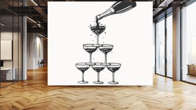 Tower made of glasses with champagne. Illustration of champagne being poured from a bottle into a tower of glasses. Wall mural