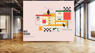 Web design concept. Interface elements and browser windows on the monitor screen. Digital industry. Innovation and technology. Vector flat illustration. Wall mural