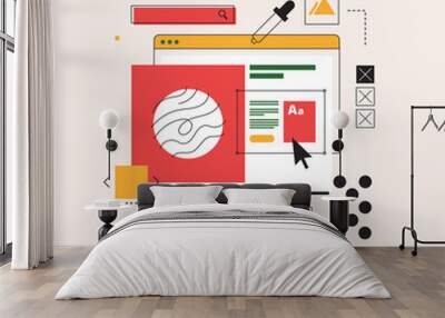 Web design concept. Interface elements and open browser windows on the monitor screen. Digital industry. Innovation and technology. Vector flat illustration. Wall mural