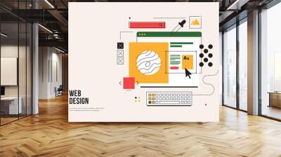 Web design concept. Interface elements and open browser windows on the monitor screen. Digital industry. Innovation and technology. Vector flat illustration. Wall mural