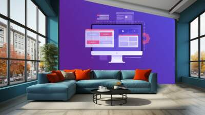 Web Development concept, programming and coding. Elements of the interface and browser windows on the monitor screen. Digital industry. Innovations and technologies. Vector illustration. Wall mural