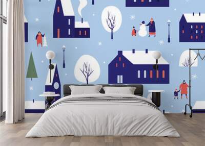 Winter houses for Christmas fabrics and decor. Urban winter landscape with various buildings, towers and walking people. Cute town, decorated for New Year. Seamless background. Vector illustration. Wall mural