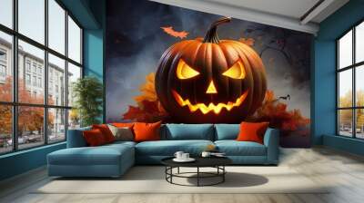 A glowing jack-o'-lantern with a carved scary face, set against a dark background, creating a spooky Halloween atmosphere with an orange pumpkin lantern illuminating the scene. Wall mural