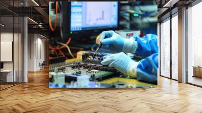 A technician in blue gloves is working on circuit board in lab, surrounded by electronic equipment and tools. focus is on precision and detail in assembly process Wall mural