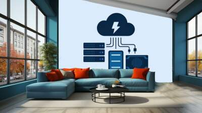 A vector illustration of cloud computing, showing various devices like laptops, phones, and servers connected through a cloud network, symbolizing data communication and technology in a simple design Wall mural