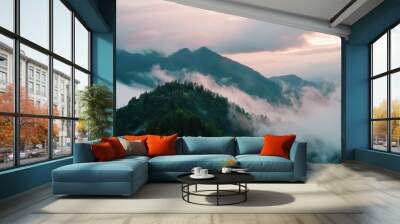 Breathtaking mountain landscape shrouded in mist, showcasing lush greenery and dramatic peaks under soft, cloudy sky. serene atmosphere evokes sense of tranquility and wonder Wall mural