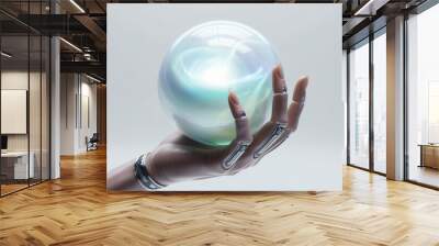 Hands holding a glowing light bulb, representing global technology and communication with digital networks connecting the world Wall mural