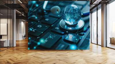 Stethoscope resting on a computer keyboard with a blue digital globe, symbolizing global healthcare and technology connection Wall mural