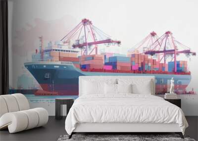 The image depicts a large cargo container ship docked at a busy port, with cranes actively loading and unloading containers, representing the bustling activity of international trade and shipping. Wall mural