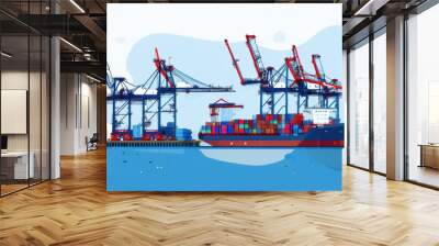 The image depicts a large cargo container ship docked at a busy port, with cranes actively loading and unloading containers, representing the bustling activity of international trade and shipping. Wall mural