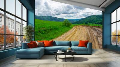 A dirt road in the mountains among the green alpine meadows. Caucasus Wall mural