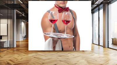 shirtless waiter with two glasses of wine isolated Wall mural