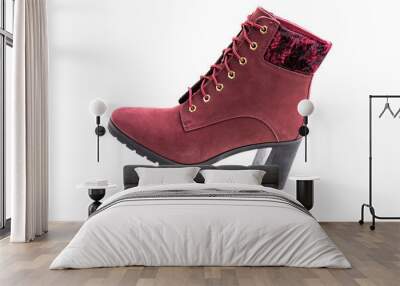 Fashionable women's demi-season ankle boots in cherry are on a white background. Wall mural