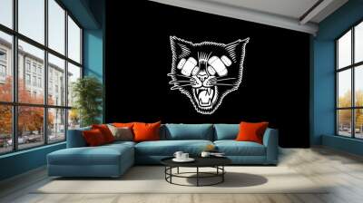 Black And White Cartoon Blind Cat Head Illustration Wall mural