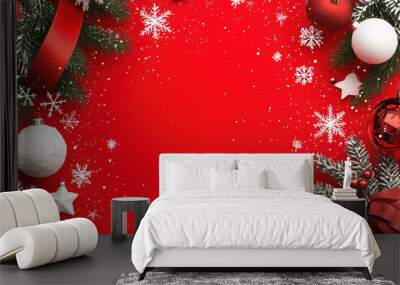 Red holiday background adorned with snowflakes and ornaments Wall mural