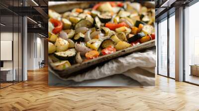 Roasted mixed vegetables on a baking tray Wall mural