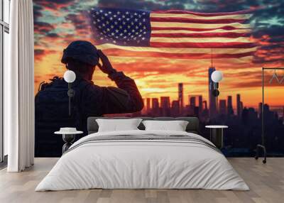 Soldier saluting American flag at sunset with city skyline Wall mural