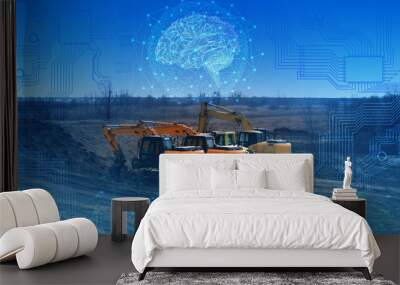 the construction of the highway by an excavator without human intervention, the use of artificial intelligence in construction. Processing analysis and storage of construction data in cloud systems Wall mural