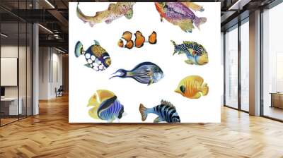 Marine life watercolor set with Tropical fish  Wall mural