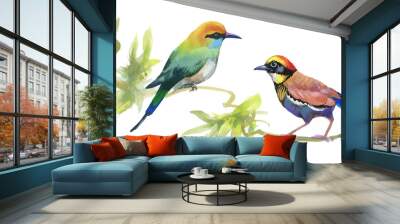 Watercolor colorful Birds on branches with green leaves. Wall mural