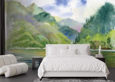 Watercolor summer river landscape Wall mural