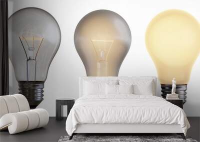 three different light bulbs isolated on transparent background Wall mural