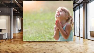 happy clittle girl praying in nature Wall mural