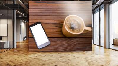 tasty coffee with phone on background Wall mural