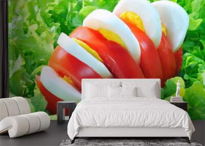 Tomato and egg on green salad Wall mural