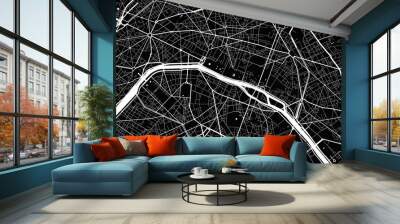 Black and white Paris city area vector background map, streets and water cartography illustration. Wall mural