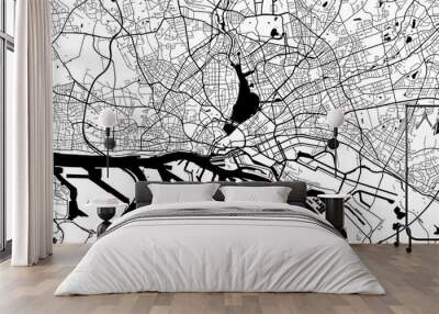 Black and white vector background map, Hamburg city area streets and water cartography illustration. Wall mural