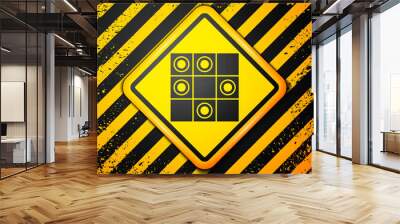 Black Board game of checkers icon isolated on yellow background. Ancient Intellectual board game. Chess board. White and black chips. Warning sign. Vector. Wall mural