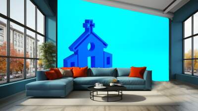 Blue Church building icon isolated on blue background. Christian Church. Religion of church. Minimalism concept. 3d illustration 3D render Wall mural