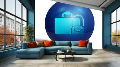 Blue Suitcase for travel icon isolated on white background. Traveling baggage sign. Travel luggage icon. Blue circle button. Vector. Wall mural