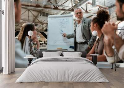 Business team. Confident mature businessman standing near whiteboard and explaining something to his young colleagues during meeting in the office Wall mural