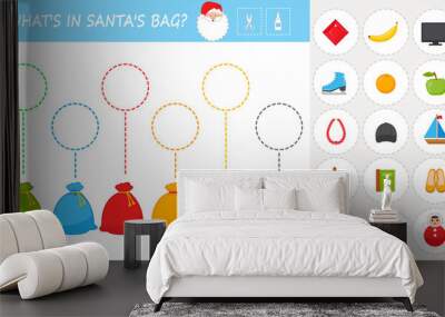 Christmas game game for children. Find out what's in Santa's bag. Study of colors. Vector illustration. Worksheet for printing. Development game Wall mural