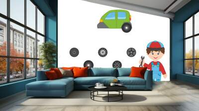 Education game for preshool children. Help mechanic find car wheel. Activity Worksheet vector design. Children funny education riddle entertainment and amusemen Wall mural