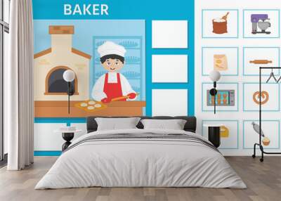 educational paper game for kids. puzzle. learning cards. professions. baker at the bakery. preschool Wall mural