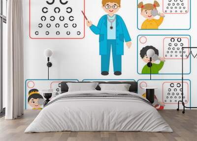 Game for kids. Doctor oculist pointing at children eyesight test chart symbols. Optometrist checking kid eyesight. Printable Worksheet vector illustration Wall mural