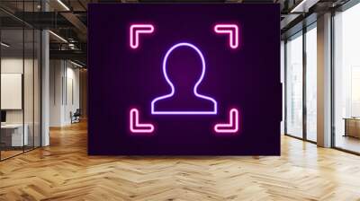 Glowing neon line Face recognition icon isolated on black background. Face identification scanner icon. Facial id. Cyber security concept. Colorful outline concept. Vector Wall mural