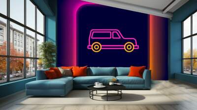 Glowing neon line Hearse car icon isolated on black background. Colorful outline concept. Vector Wall mural