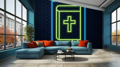 glowing neon line holy bible book icon isolated on brick wall background. vector Wall mural