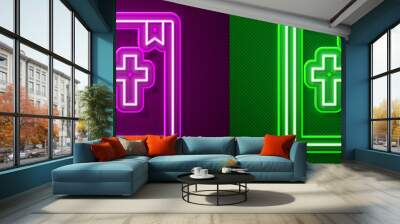 Glowing neon line Holy bible book icon isolated on purple and green background. Vector Wall mural