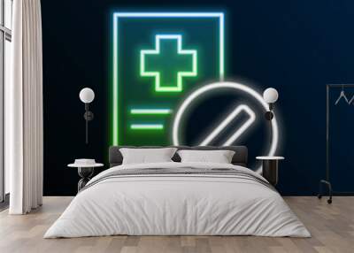 Glowing neon line Medical prescription icon isolated on black background. Rx form. Recipe medical. Pharmacy or medicine symbol. Colorful outline concept. Vector Wall mural